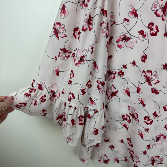 CeCe Womens Sheer 3/4 Sleeve Blouse in Red and Pink Floral Sz M | Feminine Girly - Picture 4 of 12